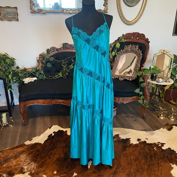 Vintage lingerie slip Pleated Lace Trim Maxi Dress Size M Blue - Picture 1 of 9